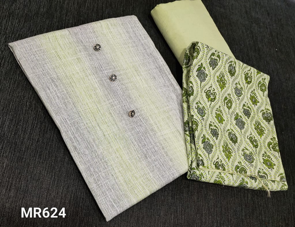 CODE MR624 :  Premium Green and Grey soft Spun Silk Cotton unstitched Salwar material(flowy fabric lining Optional), Green drum dyed fabric can be used as lining or bottom, Printed Jaquard Fancy silk cotton dupatta(Taping required)