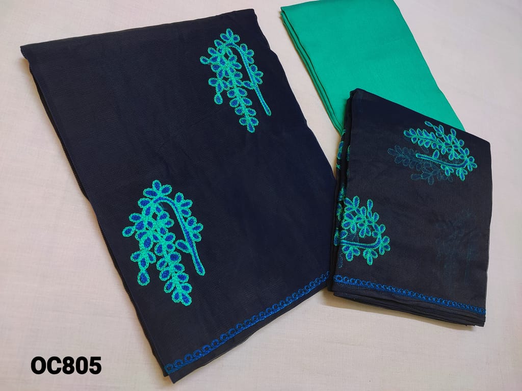 CODE OC805: Designer Navy Blue Super net Silk cotton unstitched Salwar material(netted, thin fabric requires lining) with Thread embroidery work on lower portion of top, Turquoise Green silk cotton bottom, Heavy thread embroidery work on super net silk cotton dupatta