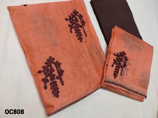 CODE OC808: Designer Dark Peach Super net Silk cotton unstitched Salwar material(netted, thin fabric requires lining) with Thread embroidery work on lower portion of top, Maroon silk cotton bottom, Heavy thread embroidery work on super net silk cotton dupatta