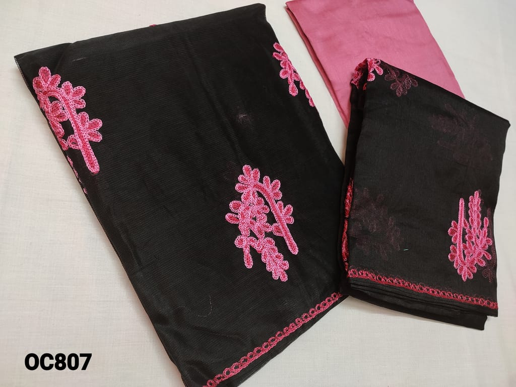 CODE OC807: Designer Black Super net Silk cotton unstitched Salwar material(netted, thin fabric requires lining) with Thread embroidery work on lower portion of top, Pink silk cotton bottom, Heavy thread embroidery work on super net silk cotton dupatta