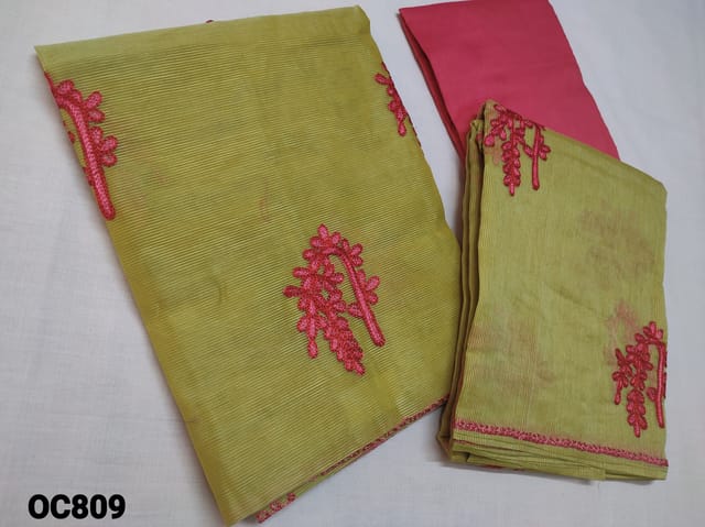 CODE OC809: Designer Sober Mehandi Green Super net Silk cotton unstitched Salwar material(netted, thin fabric requires lining) with Thread embroidery work on lower portion of top, Pink silk cotton bottom, Heavy thread embroidery work on super net silk cotton dupatta