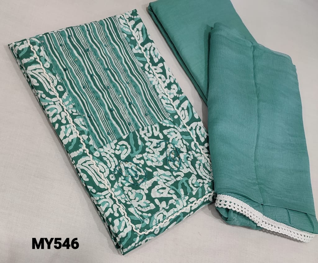 CODE MY546 :Batik Printed Teal Blue Soft Cotton unstitched salwar material(soft, Thin fabric,lining optional),thread ,faux mirror and sequins work on  yoke, blue  cotton bottom, chiffon dupatta with lace tapings