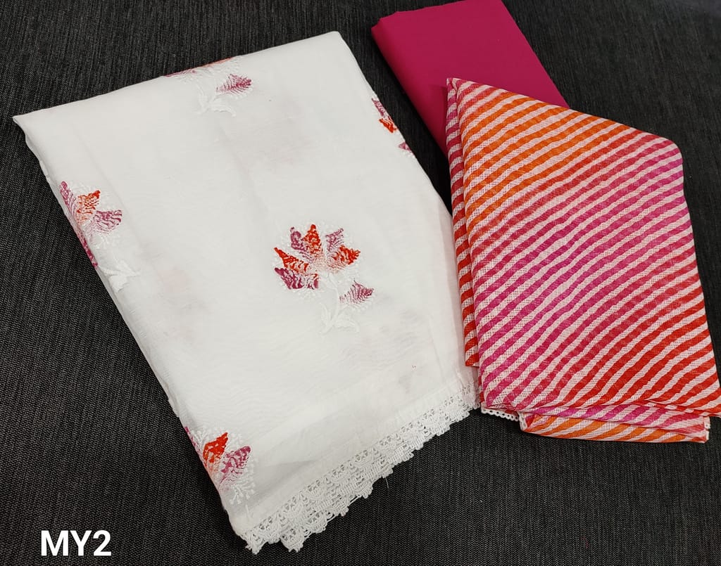 CODE MY2:  White Soft Silk Cotton unstitched salwar material (requires lining) beautiful embroidery and brush paint work on front side,lace work in daman, Pink cotton bottom, lehriya printed kota cotton dupatta with lace tapings