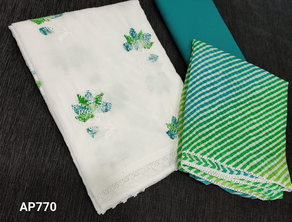 CODE AP770:  White Soft Silk Cotton unstitched salwar material (requires lining) beautiful embroidery and brush paint work on front side,lace work in daman,lehriya printed kota cotton dupatta with lace tapings