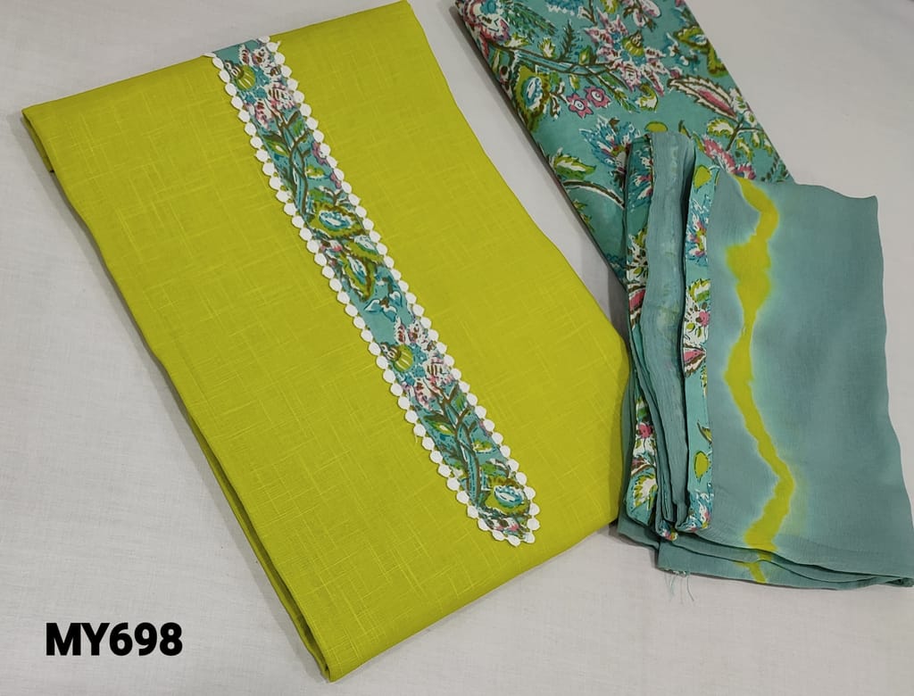 CODE MY698 : Lime Green soft Slub Cotton unstitched Salwar material( lining required) with lace and patch work on yoke, kalamkari printed cotton bottom, shibori dyed printed chiffon dupatta with tapings.