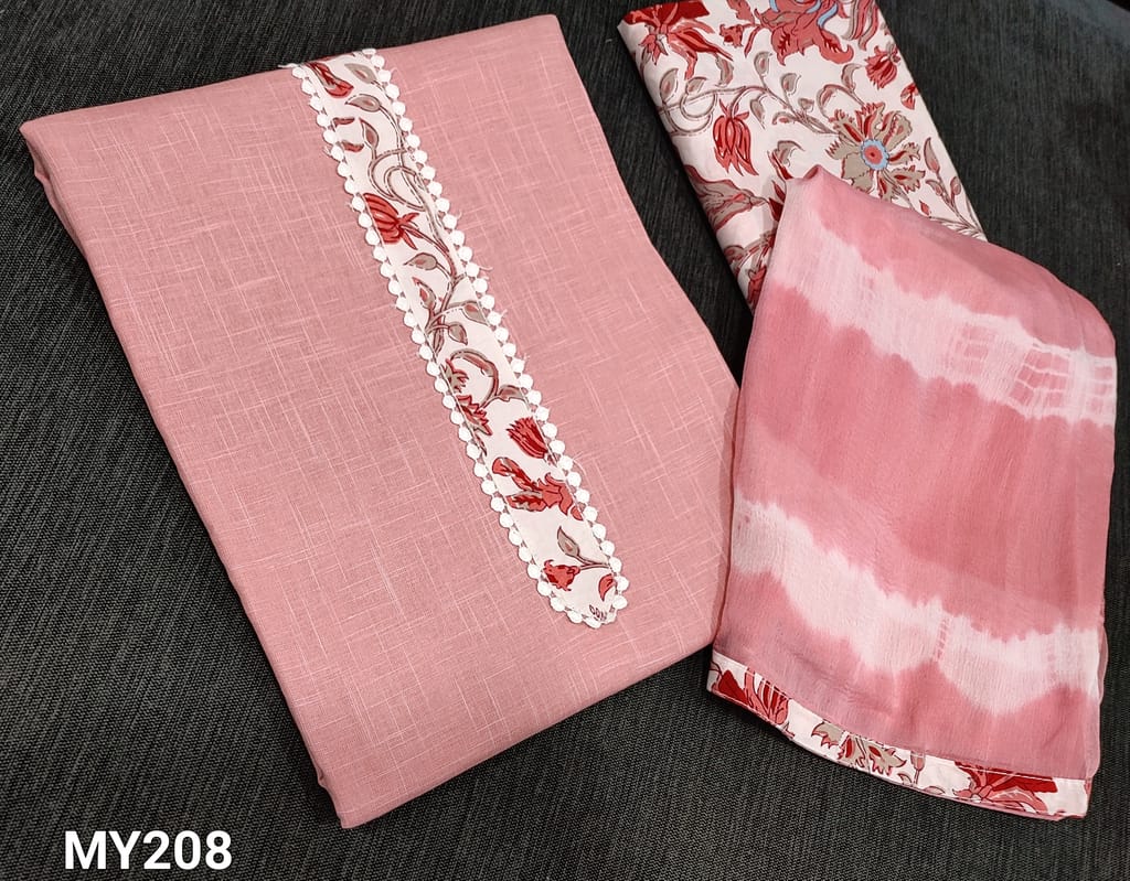 CODE MY208  : Pink soft  Slub Cotton unstitched Salwar material( lining required) with lace and patch work on yoke, kalamkari printed cotton bottom, shibori dyed printed chiffon dupatta with tapings.