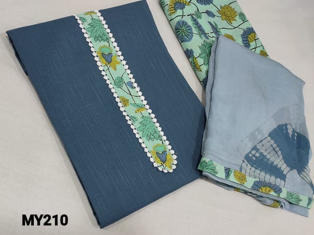 CODE MY210  : Blue soft Slub Cotton unstitched Salwar material( lining required) with lace and patch work on yoke, kalamkari printed cotton bottom, shibori dyed printed chiffon dupatta with tapings.