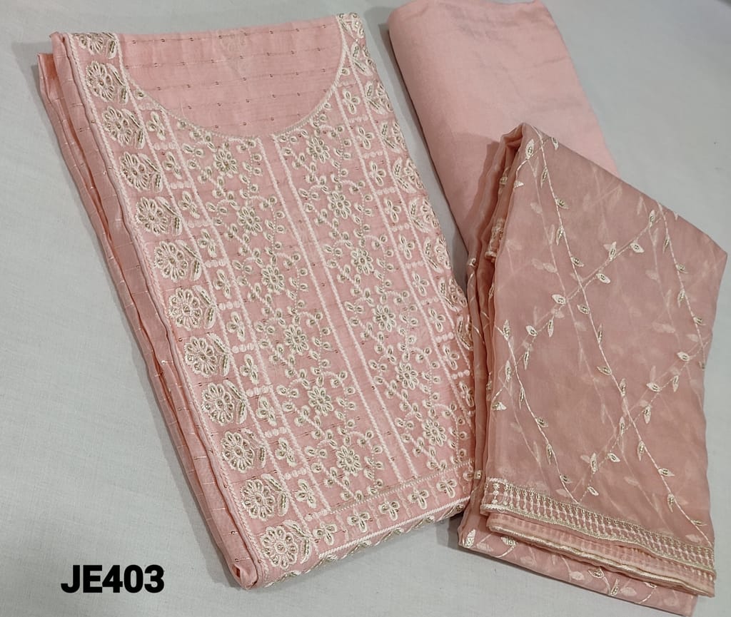 CODE JE403 : Designer Pastel Pink Fancy Silk Cotton Unstitched salwar material(requires lining) with thread and tiny sequence detailing, embroidery and sequence work on frontside, matching santoon bottom, rich embroidery and sequence work on organza dupatta with tapings