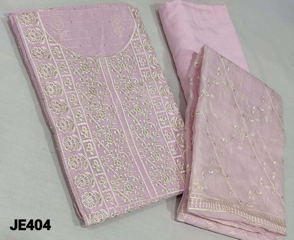CODE JE404 : Designer Lavender Shade Fancy Silk Cotton Unstitched salwar material(requires lining) with thread and tiny sequence detailing, embroidery and sequence work on frontside, matching santoon bottom, rich embroidery and sequence work on organza dupatta with tapings