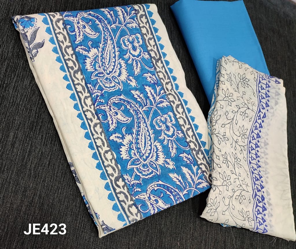 CODE JE423: Block Printed Jakard Cotton unstitched Salwar material(Requires lining), blue cotton bottom, block printed chiffon dupatta with tapings.