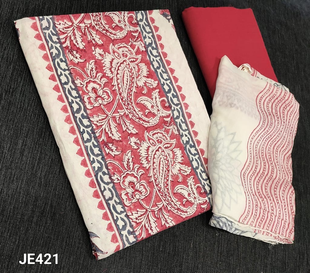 CODE JE421: Block Printed Jakard Cotton unstitched Salwar material(Requires lining), dark pink cotton bottom, block printed chiffon dupatta with tapings.