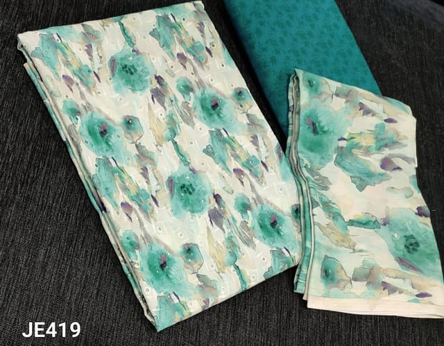 CODE JE419: Designer Printed Turquoise Green Hakoba Glazed Cotton unstitched salwar material(lining required) with cut work on front side, printed turquoise blue modal Bottom, Digital printed soft mul mul cotton dupatta
