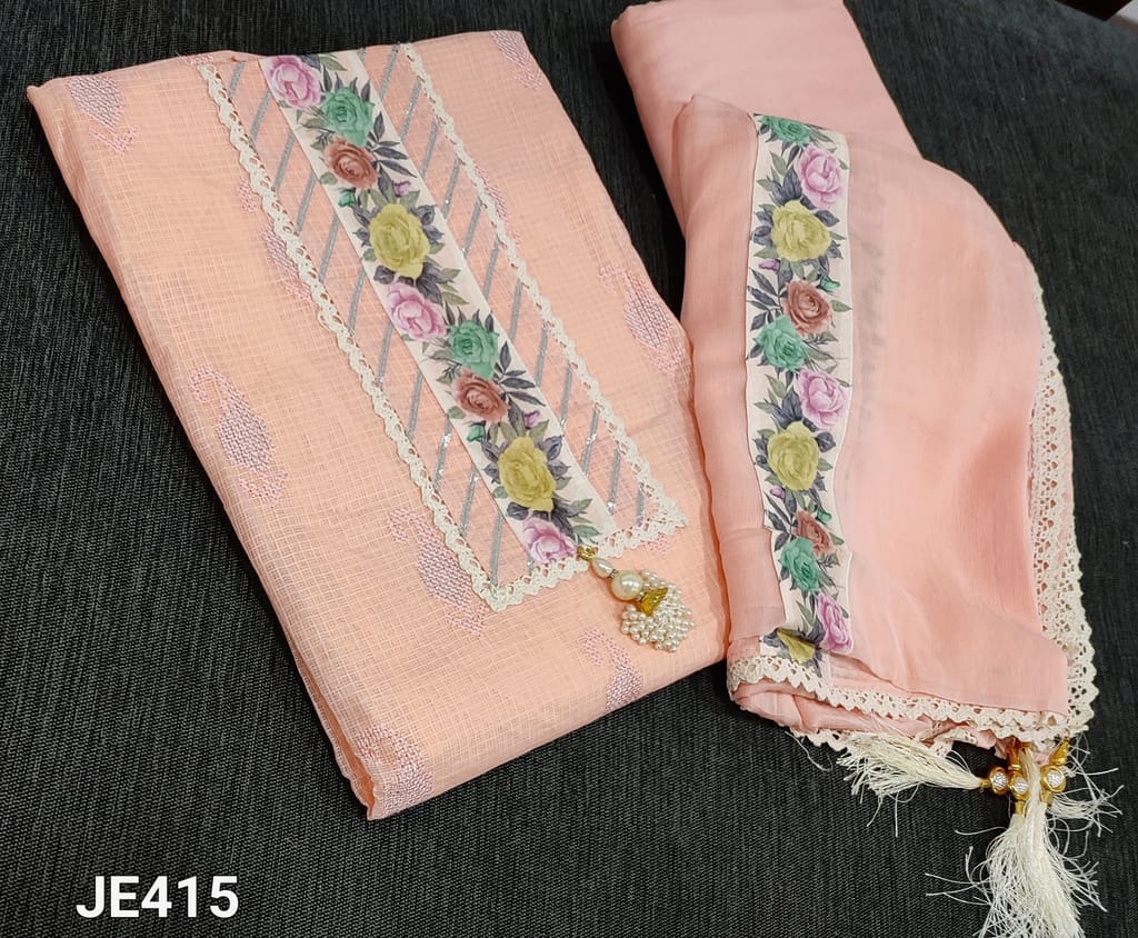 CODE JE415: Pastel Peach Kota Silk Cotton unstitched salwar material(LINING INCLUDED) with embroidery and sequence work on frontside, silver gota, lace and digital patch work on yoke, NO BOTTOM, Digital patch work on chiffon dupatta with lace tapings and fancy tassels