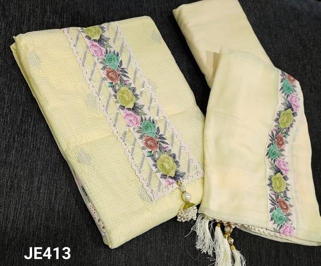 CODE JE413 : Pastel Yellow Kota Silk Cotton unstitched salwar material(LINING INCLUDED) with embroidery and sequence work on frontside, silver gota, lace and digital patch work on yoke, NO BOTTOM, Digital patch work on chiffon dupatta with lace tapings and fancy tassels