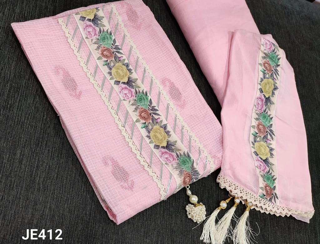CODE JE412 : Pastel Pink Kota Silk Cotton unstitched salwar material(LINING INCLUDED) with embroidery and sequence work on frontside, silver gota, lace and digital patch work on yoke, NO BOTTOM, Digital patch work on chiffon dupatta with lace tapings and fancy tassels