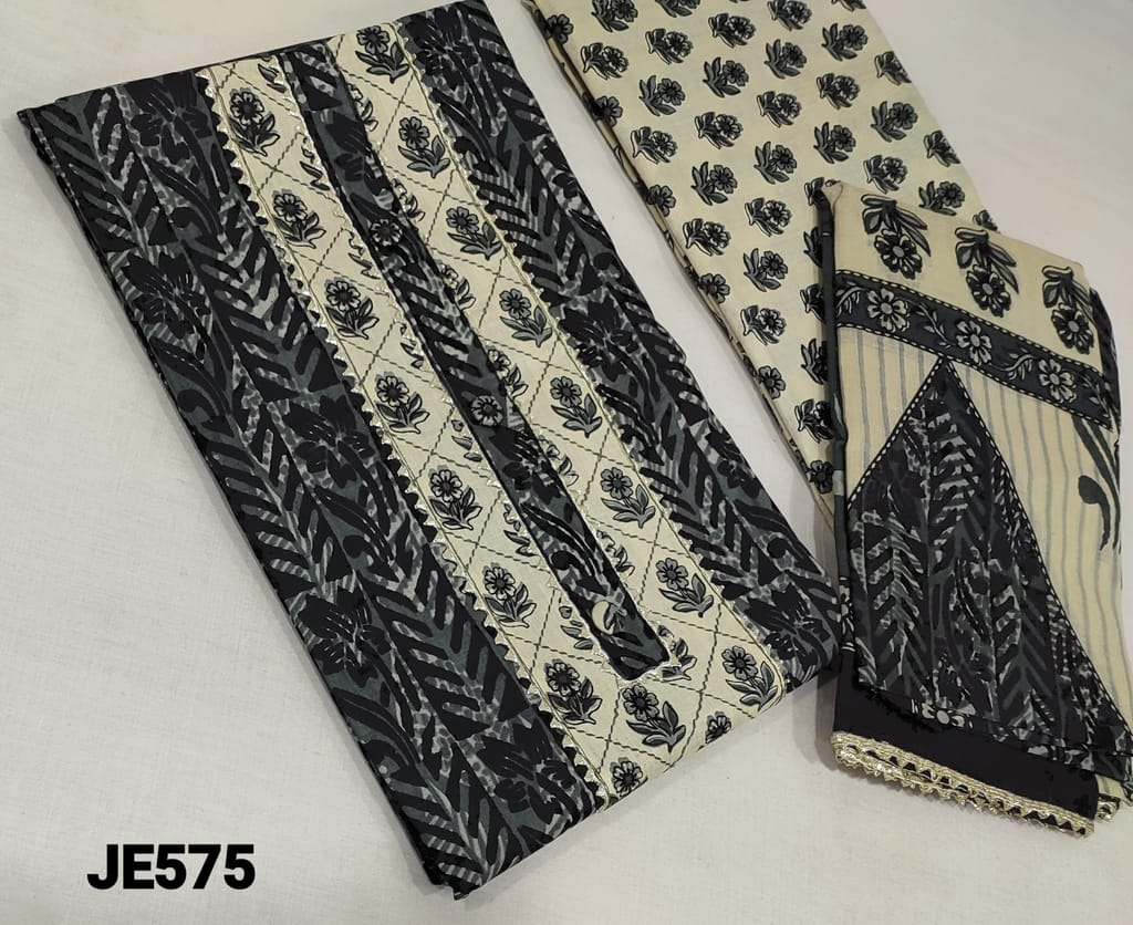 CODE JE575: Printed Dark Grey and Black soft Cotton UnStitched salwar material(lining required) with patch work, gota lace work on yoke, printed cotton bottom, printed mul cotton dupatta with gota lace tapings.