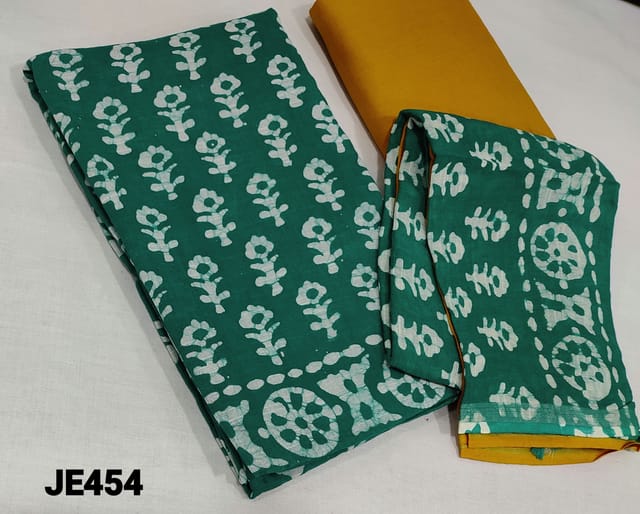 CODE JE454  :Turquoise Green Batik Dyed Linen Cotton unstitched salwar material(soft fabric lining required), yellow cotton bottom, batiq dyed dual shaded linen cotton dupatta with tassels