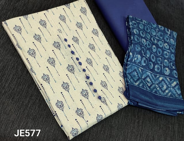 CODE JE577: Printed Half white Kadhi Cotton unstitched Salwar materials(lining optional) with potli buttons on yoke, blue cotton bottom, printed art silk dupatta with tassels