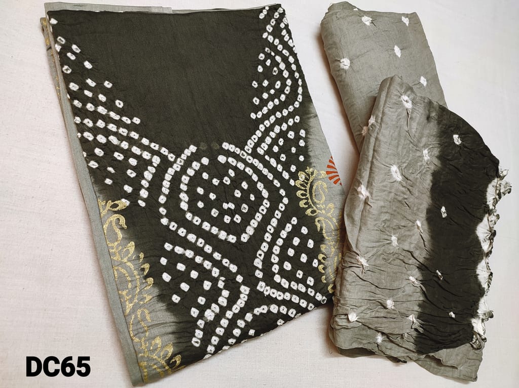 CODE DC65 : Block Printed Daul Color Grey Satin Cotton unstitched salwar material (lining optional)with bandhini tie and dye on panel, Light Grey cotton bottom with bandhani tie and dye , dual color soft mul Cotton dupatta with bandhani tie and dye, with Bhandage tapings