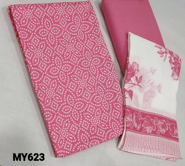 CODE MY623: Bandini Printed Pink Cotton unstitched Salwar material(lining required) , matching cotton bottom, printed mul cotton dupatta