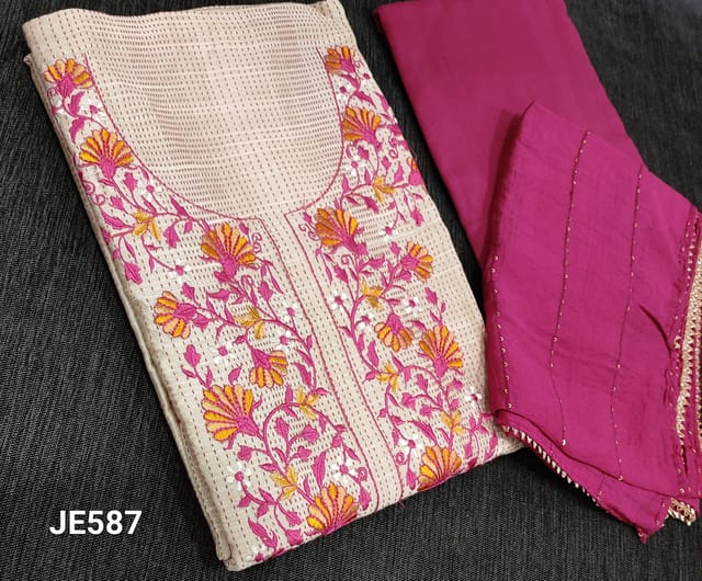 CODE JE587: Premium Beige Jakard Silk Cotton unstitched Salwar material(lining optional) with kantha stitch allover, embroidery work on yoke, dark pink silk cotton bottom, thread and sequence work on soft silk cotton dupatta with gota lace tapings.