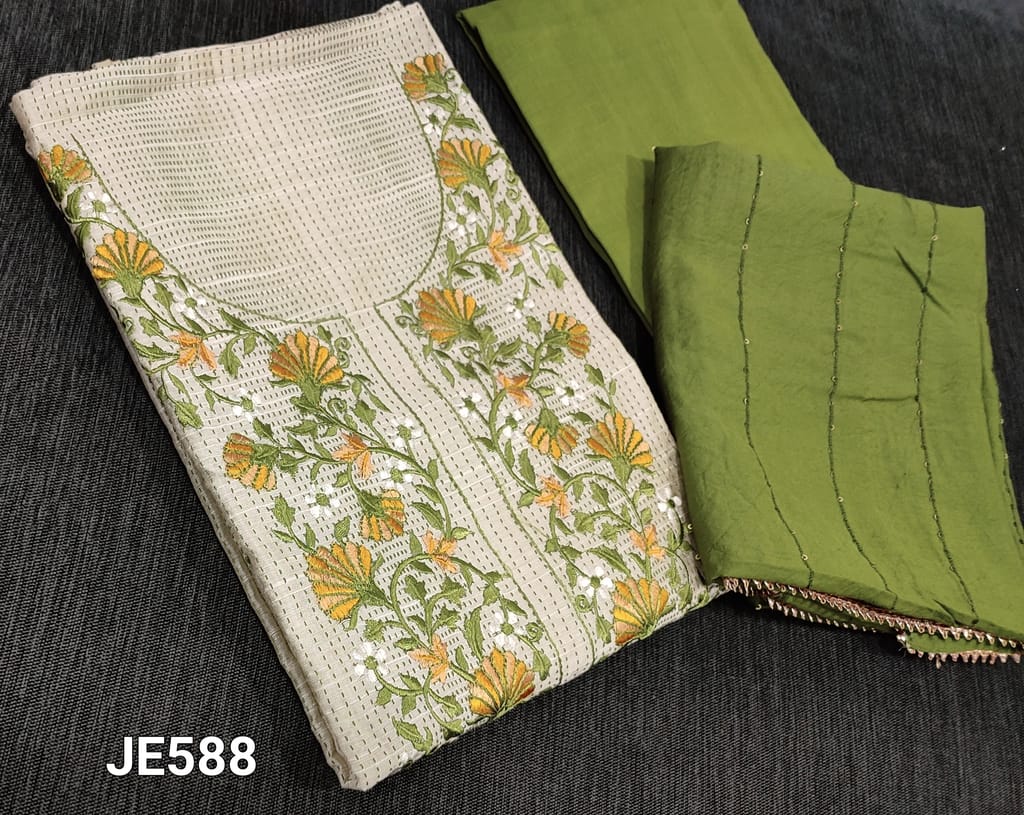 CODE JE588: Premium Beige Jakard Silk Cotton unstitched Salwar material(lining optional) with kantha stitch allover, embroidery work on yoke, mossy green silk cotton bottom,  thread and sequence work on silk cotton dupatta with gota lace tapings.
