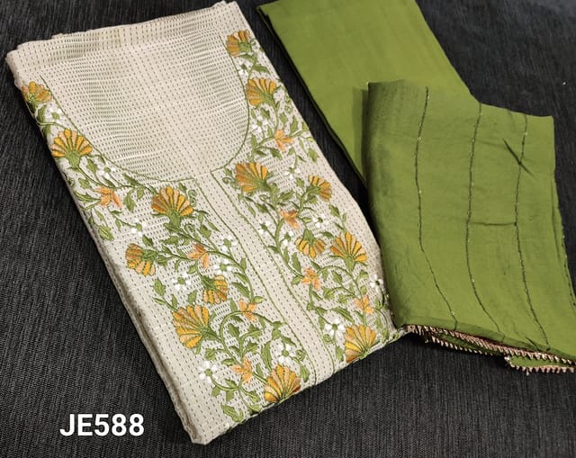 CODE JE588: Premium Beige Jakard Silk Cotton unstitched Salwar material(lining optional) with kantha stitch allover, embroidery work on yoke, mossy green silk cotton bottom,  thread and sequence work on silk cotton dupatta with gota lace tapings.