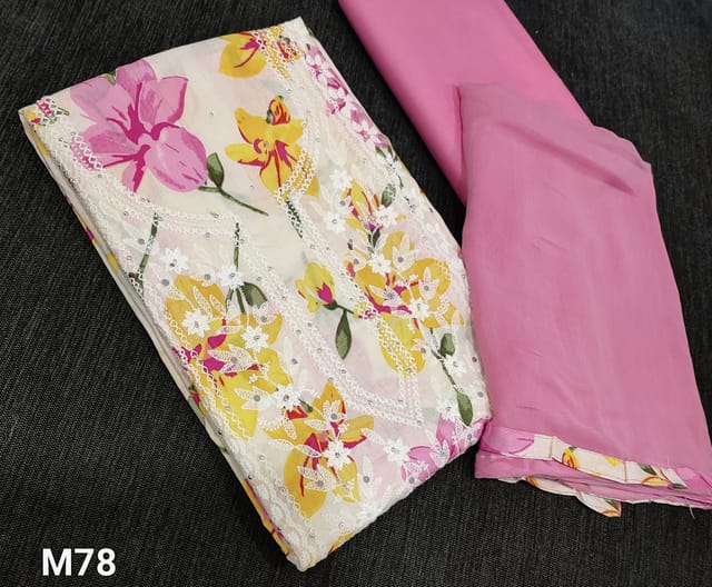 CODE MY78: Premium Floral Printed half white base Cotton unstitched Salwar materials(lining required) with thread and stone work on yoke, pink cotton bottom, plain chiffon dupatta with tapings