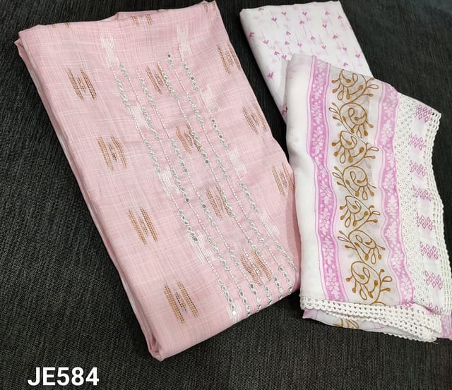 CODE JE584 : Pastel Pink soft Spun Silk Cotton unstitched Salwar material(lining optional) with thread woven on frontside, foil work and cut bead on yoke ,printed cotton bottom, Block printed chiffon dupatta with lace tapings.