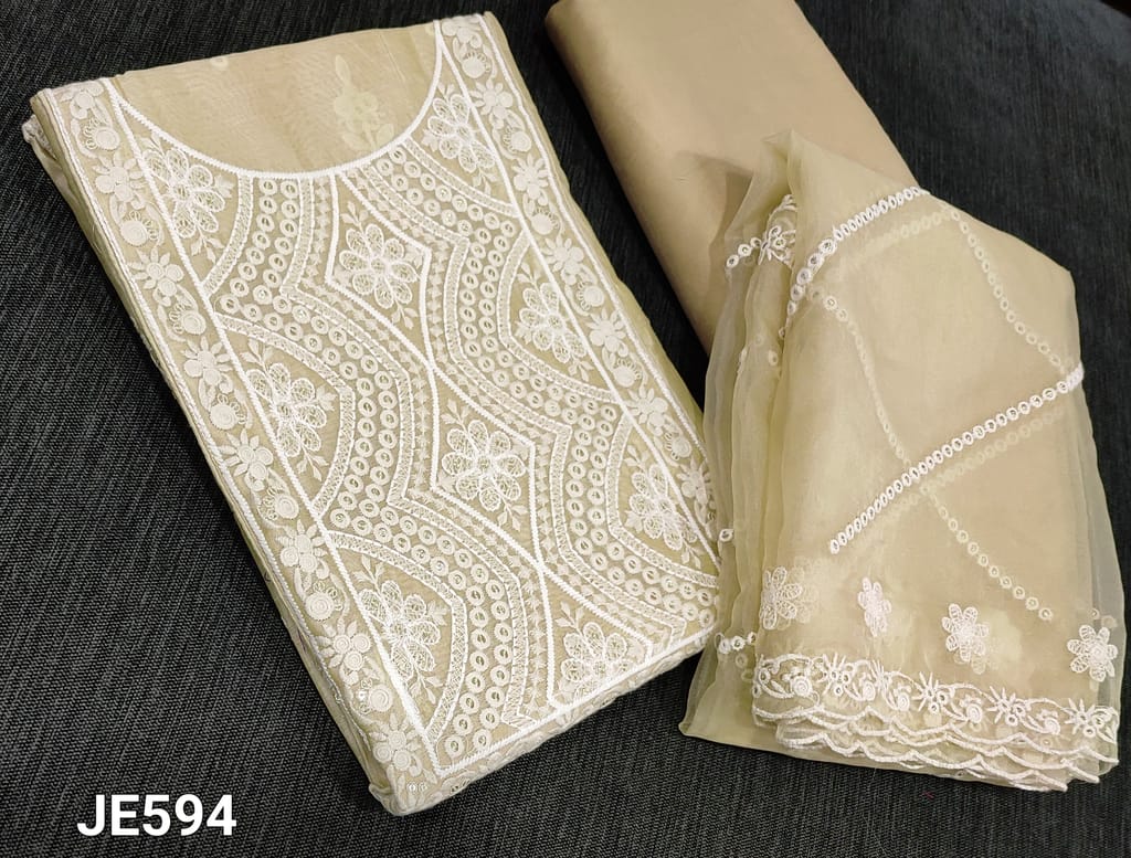 CODE JE594 : Premium Beige Silk Cotton unstitched Salwar material(lining required) with rich embroidery and sequence work on frontside and yoke, matching silk cotton bottom, embroidery and sequence work on organza dupatta