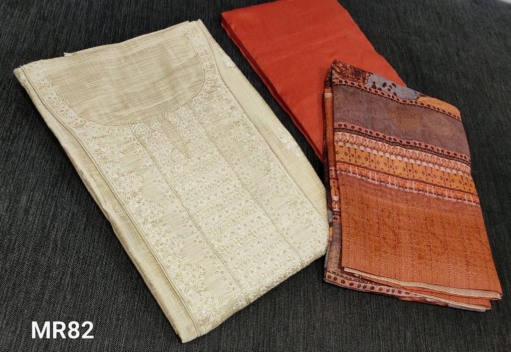 CODE MR82: Designer Beige Semi Raw Silk Unstitched Salwar material(lining required) with thread and sequence work on yoke, floral embroidery buttas on front side, dark peach silk cotton bottom, digital printed fancy silk cotton dupatta with antique zari woven borders and buttas allover.