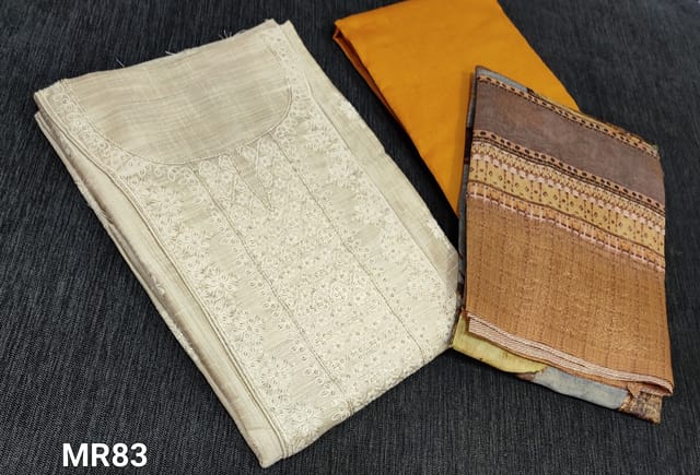CODE MR83: Designer Beige Semi Raw Silk Unstitched Salwar material(lining required) with thread and sequence work on yoke, floral embroidery buttas on front side, dark fenu greek yellow silk cotton bottom, digital printed fancy silk cotton dupatta with antique zari woven borders and buttas allover.