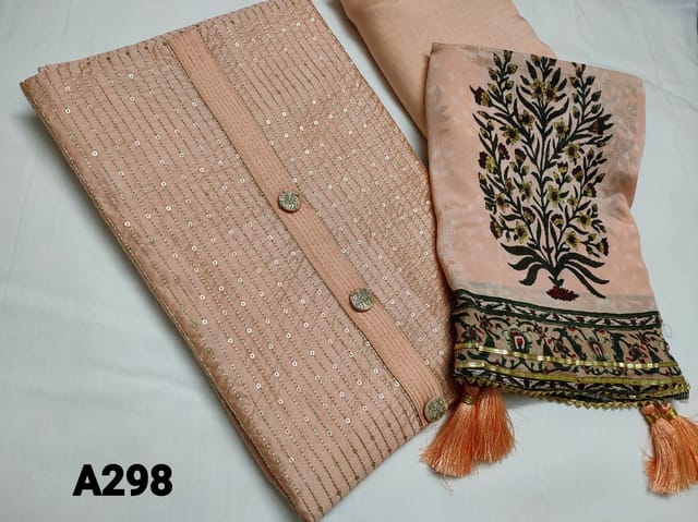 CODE A298: Designer Light Peach Soft Silk Cotton unstitched Salwar material(requires lining) with thread and sequins work on front side, Fancy buttons with zari work on yoke, Plain at the back, gota taping at the daman, peach santoon bottom, Printed Soft silk dupatta with gota work on all sides