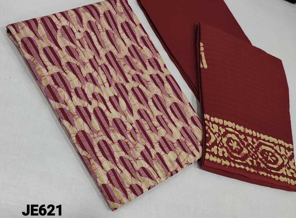 CODE JE621 : Batik dyed Reddish maroon Cotton unstitched Salwar material(lining required) with kantha stitch work on frontside, reddish maroon  cotton bottom, batik dyed mul cotton dupatta.