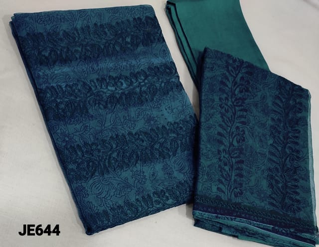 CODE JE644: Digital Printed Blue Organza fabric unstitched Salwar material(lining required) with embroidery work on yoke, blue santoon bottom, Printed and embroidery work on organza dupatta with lace tapings