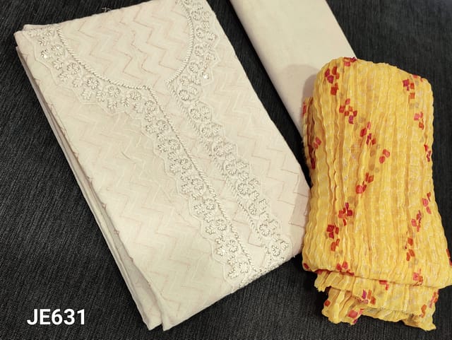 CODE JE631: Premium Half White Jakard Cotton unstitched Salwar material(thin fabric requires lining) with thread and sequence work on yoke, kadhi cotton bottom, bandhini  printed yellow crinkled chiffon dupatta.
