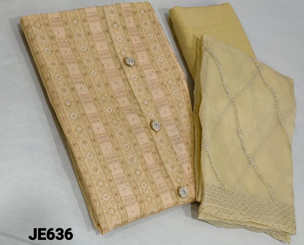 CODE JE636 : Digital printed Pastel yellow Silk Cotton Unstitched Salwar material(lining required) with zari woven buttas allover, fancy buttons on yoke, matching santoon or silk cotton bottom, thread and sequence work on organza dupatta