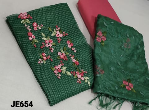 CODE JE654 : Premium Green Checked Organza unstitched Salwar material(lining required) with spring embroidery work on yoke, dark pink silk cotton bottom, embroidery work on organza dupatta with tapings.