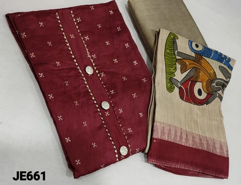 CODE JE661 :  Maroon Silk Cotton unstitched Salwar material(lining required) with zari woven buttas on frontside, greyish beige silk cotton bottom, Digital prints on Art Silk Dupatta with tassels