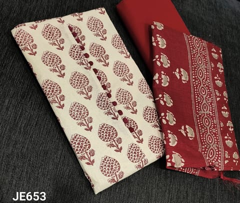 CODE JE653: Printed Beige Kadhi Cotton unstitched Salwar materials(lining required) with potli buttons on yoke, maroon cotton bottom, printed art silk dupatta with tassels