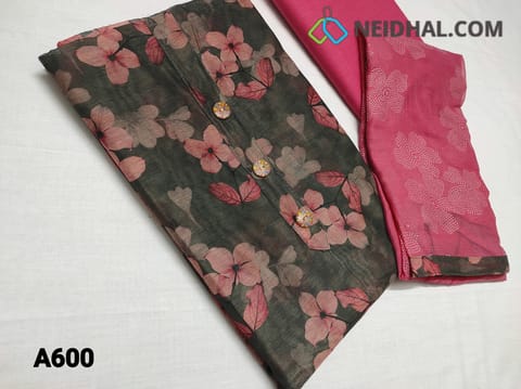 CODE A600 :  Premium Digital Printed Grey Silk Cotton UnStitched salwar material (requires lining) with buttons on yoke, Pink cotton bottom, Golden dew drops work on chiffon dupatta with tapings