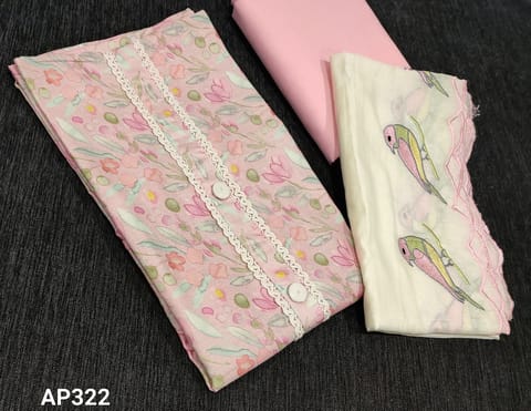 CODE AP322 :Pastel Pale pink Printed Satin cotton unstitched Salwar material( lining optional) ,matching Cotton bottom, Off White Soft silk cotton dupatta with beautiful emboidery and cutwork details