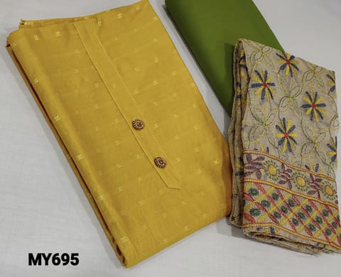 CODE MY695 : Designer Mehandhi Yellow Silk Cotton unstitched Salwar material( lining required) with fancy buttons on yoke, zari woven buttas on frontside, green cotton bottom, light green cotton bottom,  heavy embroidery work on kora dupatta with tapings.