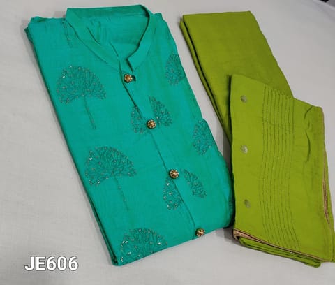 CODE JE606 : Premium Turquoise Green Silk Cotton unstitched Salwar material( requires lining) with embroidery and sequence work on frontside, mandarin collar, Light green silk cotton bottom, thread and sequence work on fancy silk cotton dupatta with golden tapings