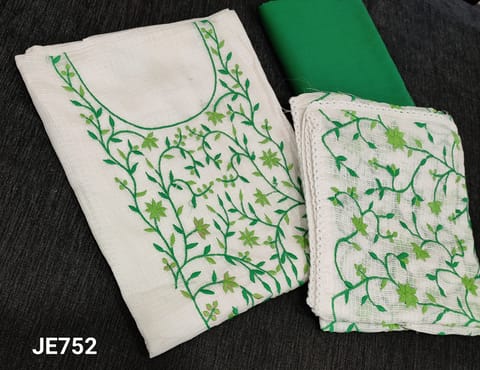 CODE JE752: Premium White Kota Silk Cotton Unstitched Salwar material(Netted fabric, lining required) with embroidery work on yoke, green cotton bottom, embroidery work on kota silk cotton dupatta