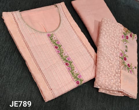 CODE JE789: Designer Pastel Peach Premium Cotton unstitched Salwar materials(lining required) with pintuck design on panel, heavy cut work on other side, plain back, matching cotton bottom, embroidery and patch work dupatta with lace tapings.