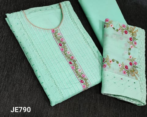 CODE JE790: Designer Pastel Green Premium Cotton unstitched Salwar materials(lining required) with pintuck design on panel, heavy cut work on other side, plain back, matching cotton bottom, embroidery and patch work dupatta with lace tapings.