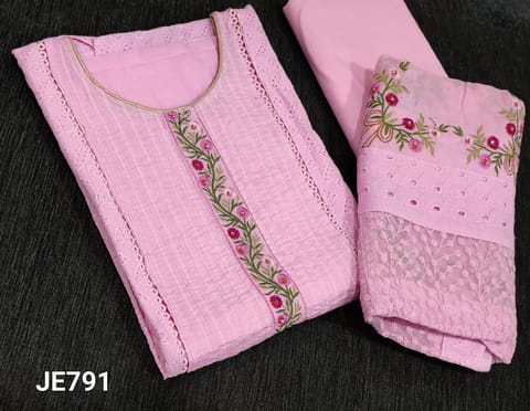CODE JE791: Designer Pastel Pink Premium Cotton unstitched Salwar materials(lining required) with pintuck design on panel, heavy cut work on other side, plain back, matching cotton bottom, embroidery and patch work dupatta with lace tapings.