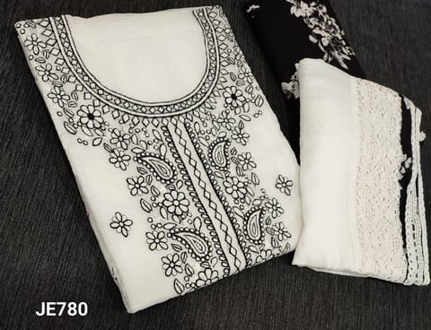 CODE JE780: Premium White Kota Silk Cotton unstitched Salwar materials(lining required) with embroidery work on panel, Printed soft cotton bottom, Premium chiffon dupatta with heavy lace tapings.