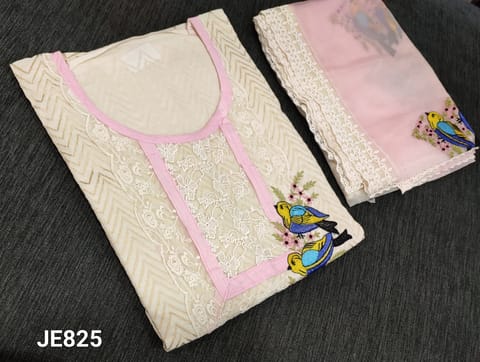 CODE JE825: Designer Half White Premium Jakard Cotton unstitched salwar material(lining required ) with embroidery work, round neck(pink  tapings), NO BOTTOM, Embroider work on organza dupatta with lace tapings